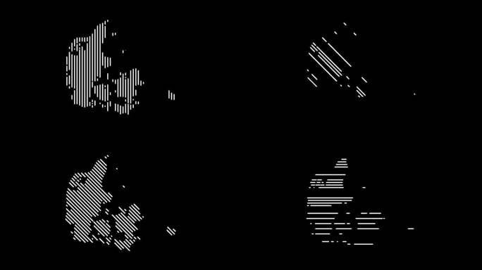由黑色背景上的白色条纹组成的丹麦地图。三个不同版本的国家地图。