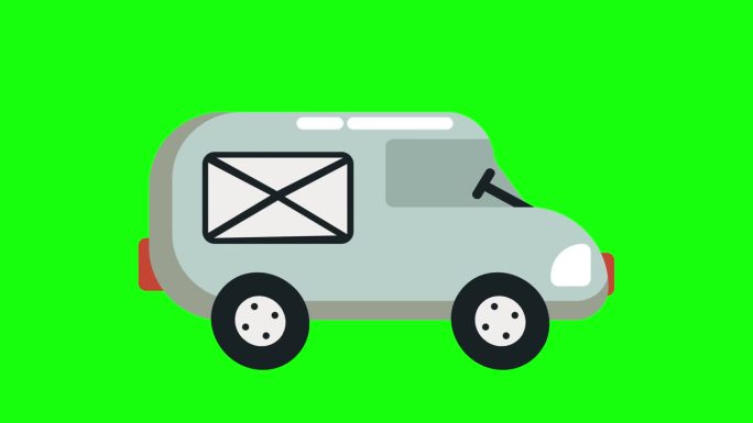 可爱的邮车一边移动一边投递信件，绿屏背景，循环动画