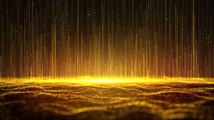 4K黄金颗粒散景尘埃光上升，闪闪发光的豪华颗粒条纹循环电影背景。