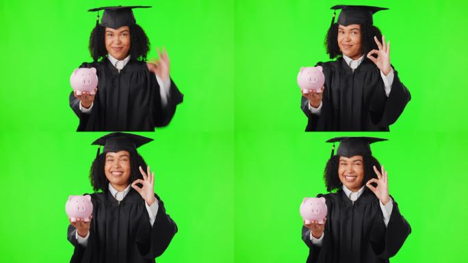 小猪储蓄罐，绿屏和学生脸孤立的工作室背景，为大学的资金，储蓄和ok签名。毕业，银行安全，非洲女性，奖