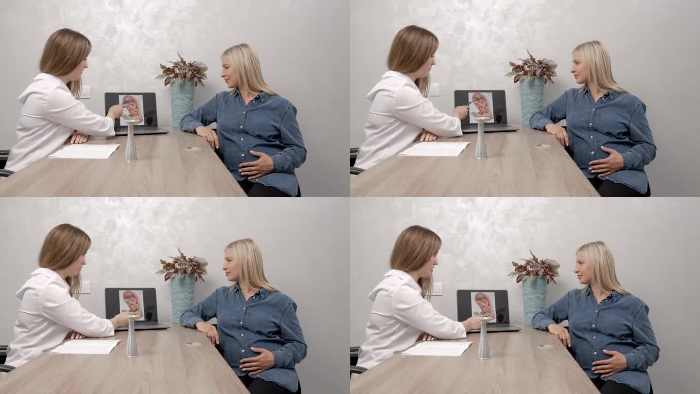一位年轻的孕妇在诊所拜访她的妇科医生，她坐在椅子上和她的医生交谈