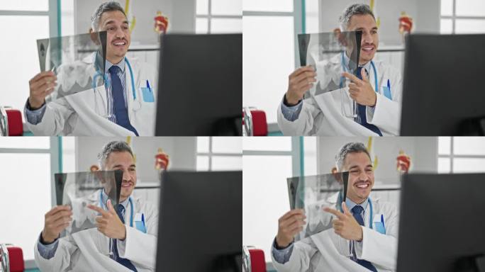 年轻的西班牙裔医生在网上预约，在诊所展示x光片