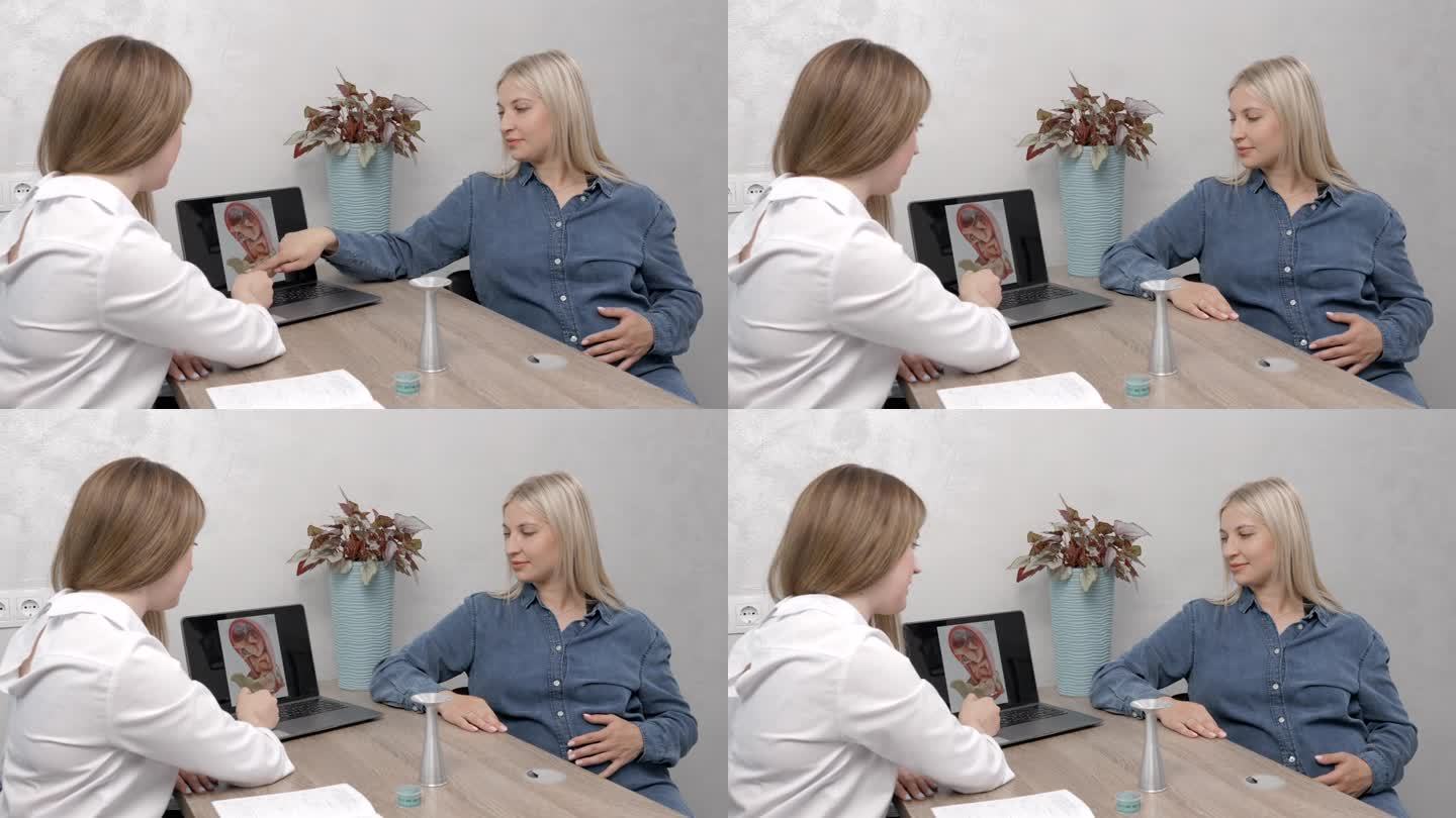 一位年轻的孕妇在诊所拜访她的妇科医生，她坐在椅子上和她的医生交谈