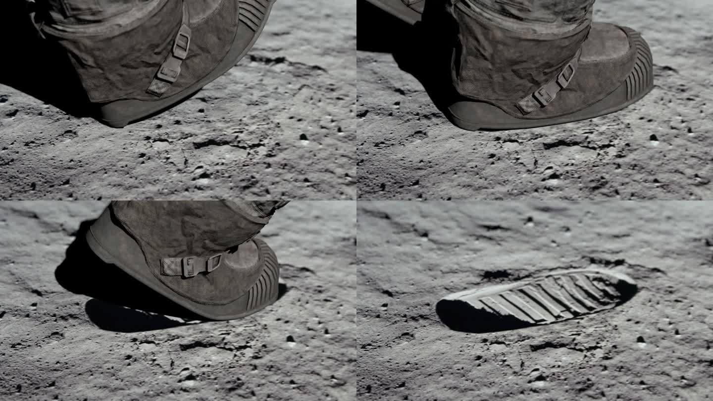 月球宇航员在月球表面行走，并在月球土壤上留下脚印。3 d渲染。这段视频的一些元素是由NASA提供的。