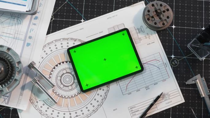 一个工程师的桌子上放着一台平板电脑，配有模拟绿屏Chromakey显示屏和运动追踪器，旁边是技术蓝图