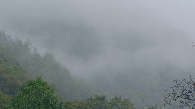 初秋雨中山脉云雾缭绕的绝美自然风光