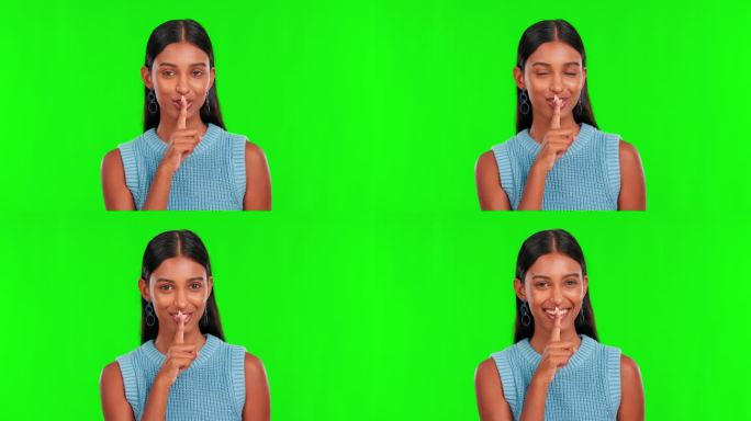 绿色的屏幕，女人的脸和秘密的手指放在嘴唇上的隐私，神秘或噪音的工作室。印度女模特的肖像，沉默和嘘八卦