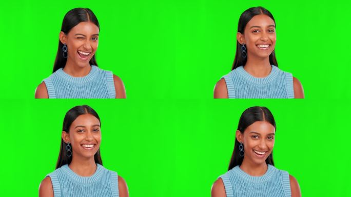 绿屏，快乐的女人和眨眼眨眼调情，浪漫和表情符号在演播室。肖像，年轻的印度女模特和眨眼的微笑，好心情的