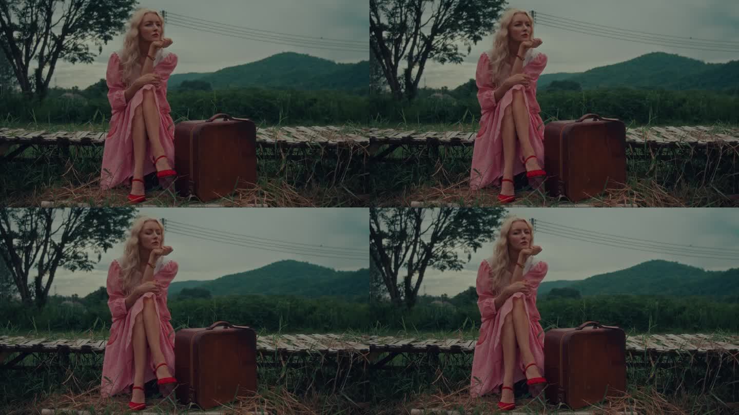 一个女人穿着复古的衣服，提着复古的行李箱，坐在一座桥上，背景是一座山