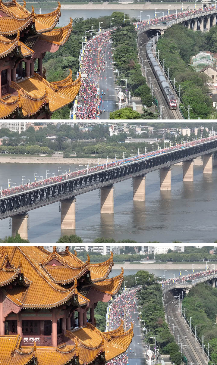武汉 马拉松 实拍视频  黄鹤楼高铁航拍