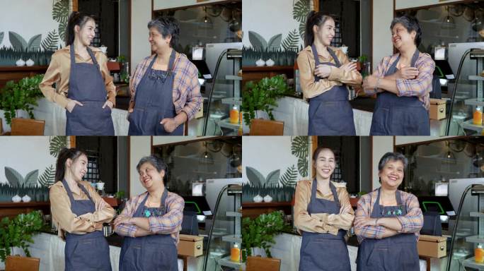 小创业的业主概念。两个成功的女咖啡师，家人互相微笑着，积极的氛围在早上开店。