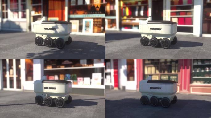 具有自动驾驶技术的自动送货机器人。自动送货机器人沿着街道行驶。快递物流的未来产业
