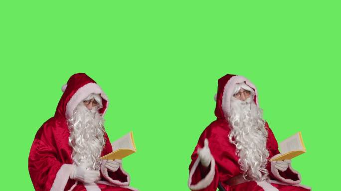 垂直视频睿智的圣诞老人的侧面视图与讲座爱好在椅子上