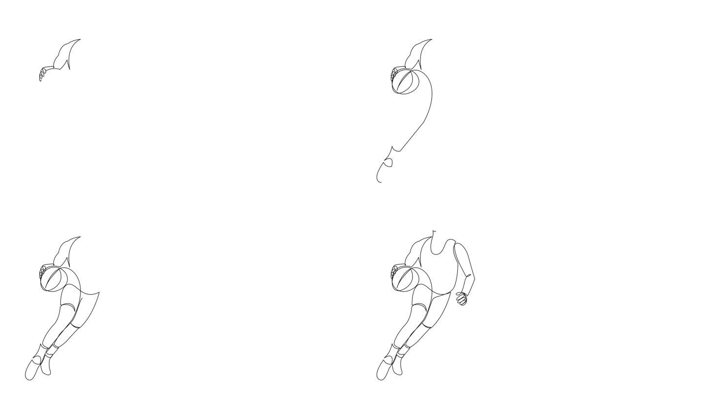 篮球运动员持球跑动的自画动画，连续一行画。动画运动员运球简约的设计。