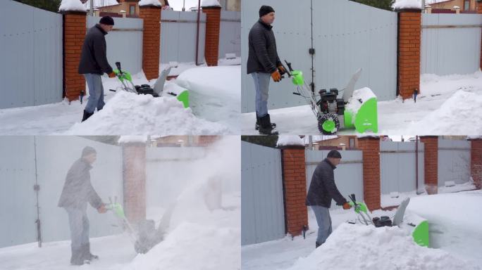 冬天，一个人在房子的院子里打扫雪，一个人用吹雪机打扫雪