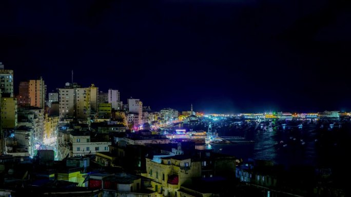 埃及亚历山大市夜景港口夜景灯光