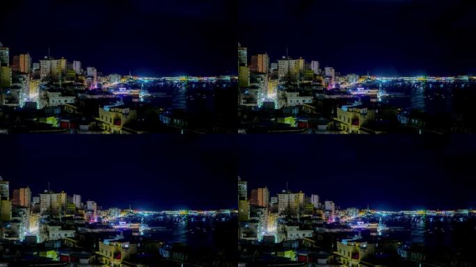 埃及亚历山大市夜景港口夜景灯光