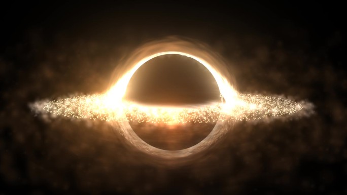 明亮的黑洞在开放空间与旋转的能量粒子，宇宙球在黄色发光的抽象背景