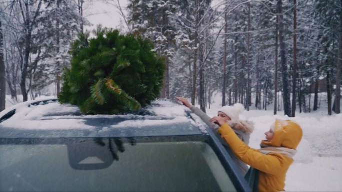 SLO MO妇女在成功地将圣诞树装上车顶后与人击掌