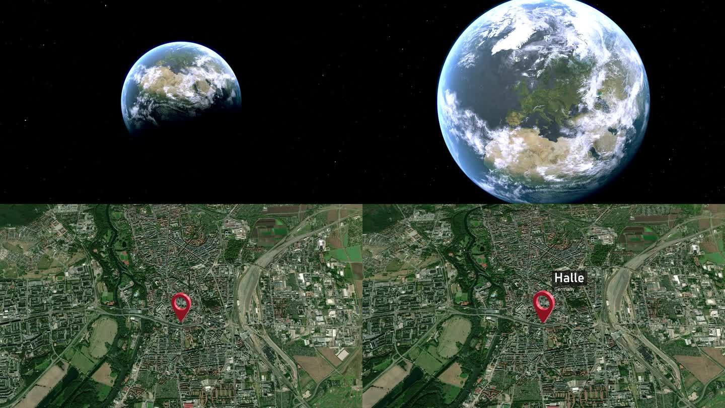 哈雷城市地图从太空缩放到地球，德国