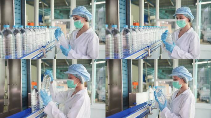 在水厂的灌装生产线上，穿着实验室工作服，戴着手套的检验员。检查和分析水瓶，以确保水瓶的质量和纯度。具