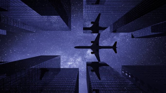 飞机在夜晚飞过城市的高楼大厦。窗户的玻璃反射出星星、星系和飞机