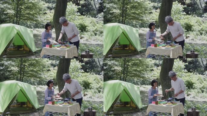日本家庭野营时在户外做饭