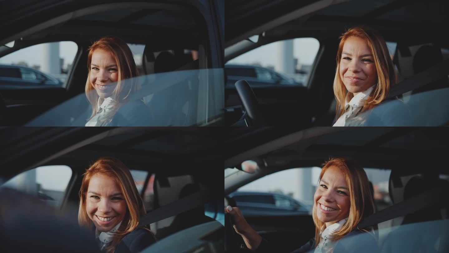 画像上快乐的女人打开停着的车窗