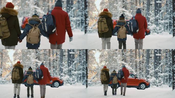 穿着保暖衣服的父母和儿子走近汽车