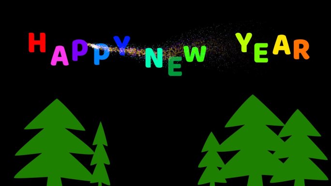 新年快乐的文字圣诞树和魔法粒子万颗星星在黑屏上闪烁飞舞