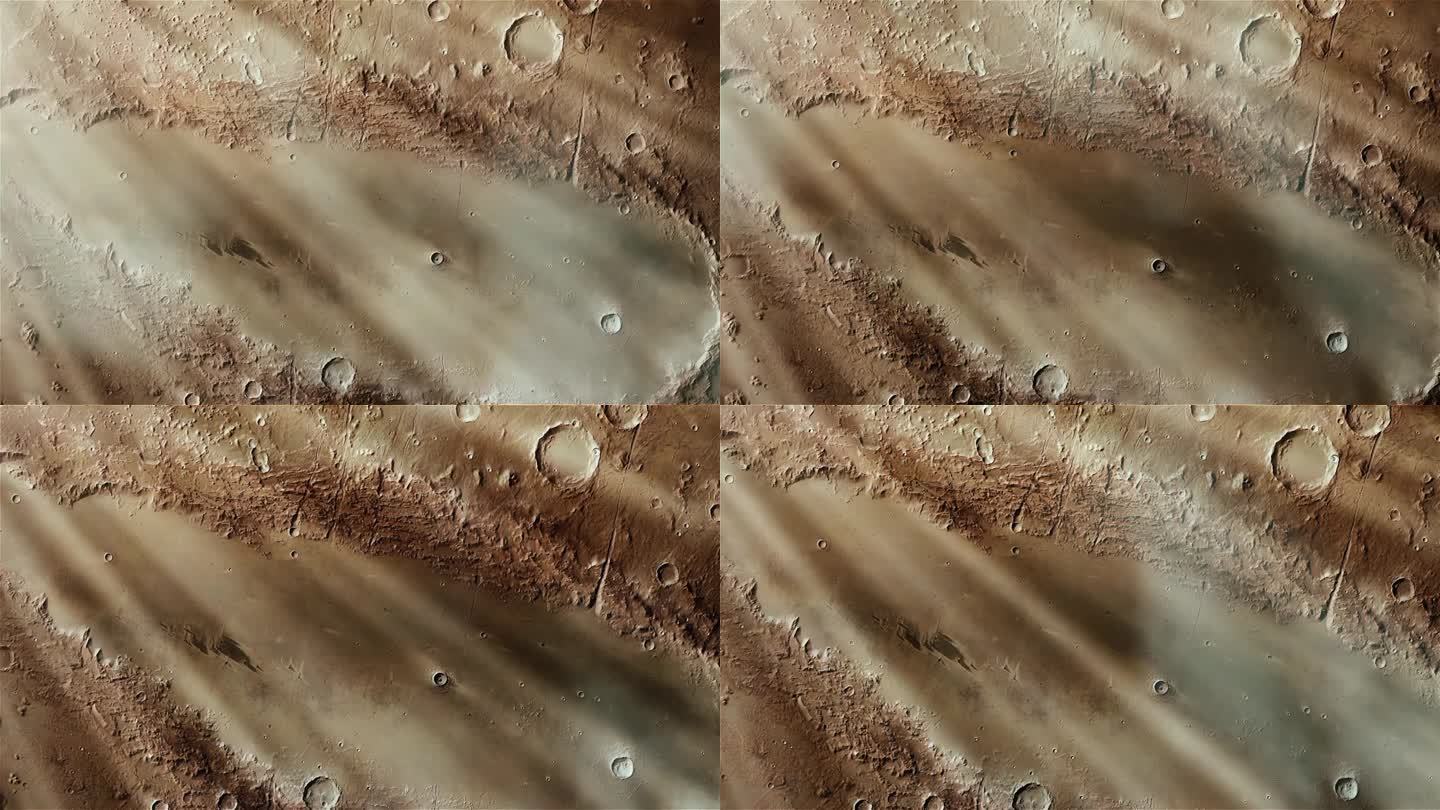 火星表面的奥库斯·帕特拉陨石坑。本视频内容由美国宇航局提供。4 k决议。