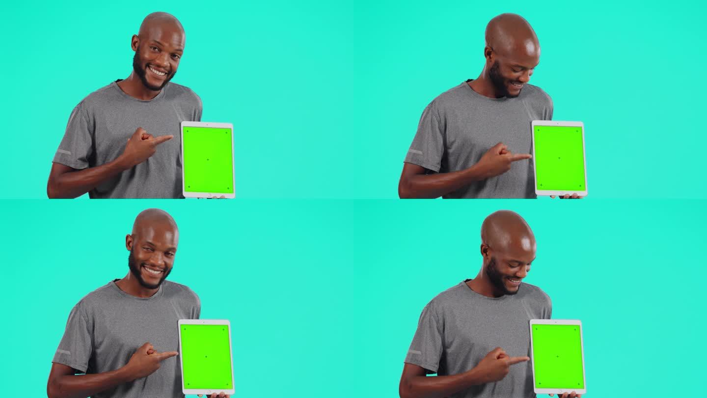 广告，一个黑人拿着平板电脑指着蓝色背景。营销或技术，产品植入或推广和非洲男性对着色度键摆造型空间