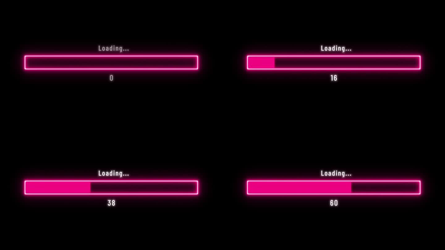 动感霓虹灯加载条下载条加载屏幕像素化进度动画加载传输下载0-100%。霓虹灯加载酒吧赛博朋克风格