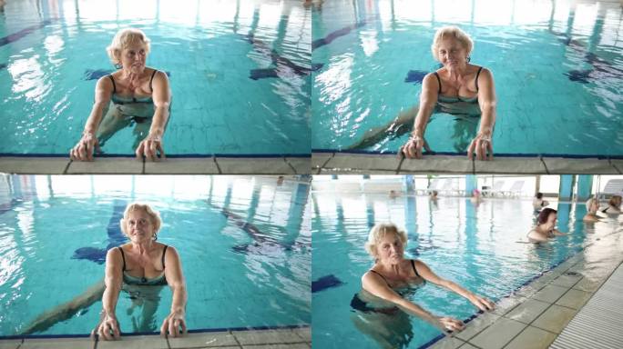 在水疗中心，白种老年妇女在游泳池里练习水中有氧运动