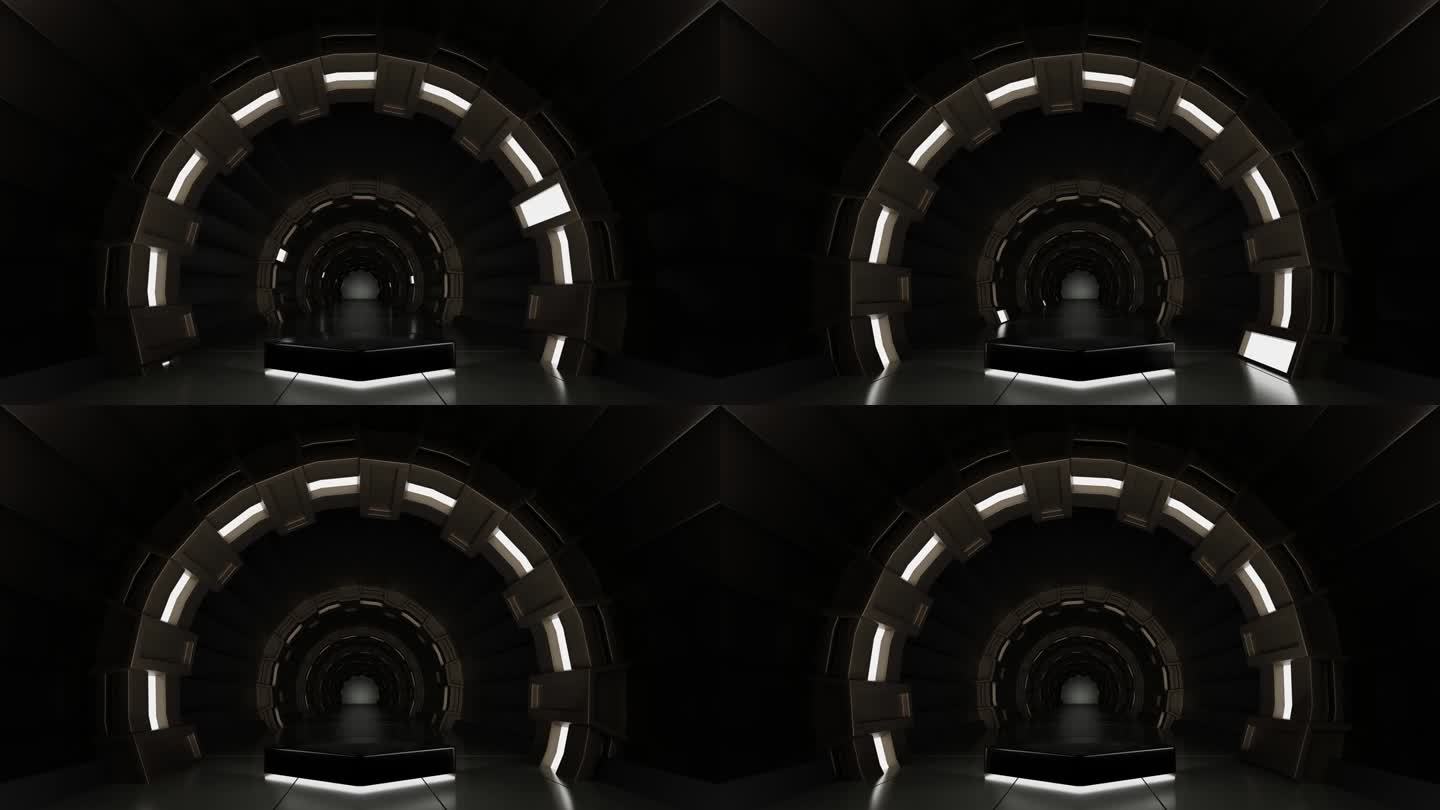 太空飞船或空间站内部的五角大楼讲台，科幻隧道，产品展示舞台，3D渲染。4 k
