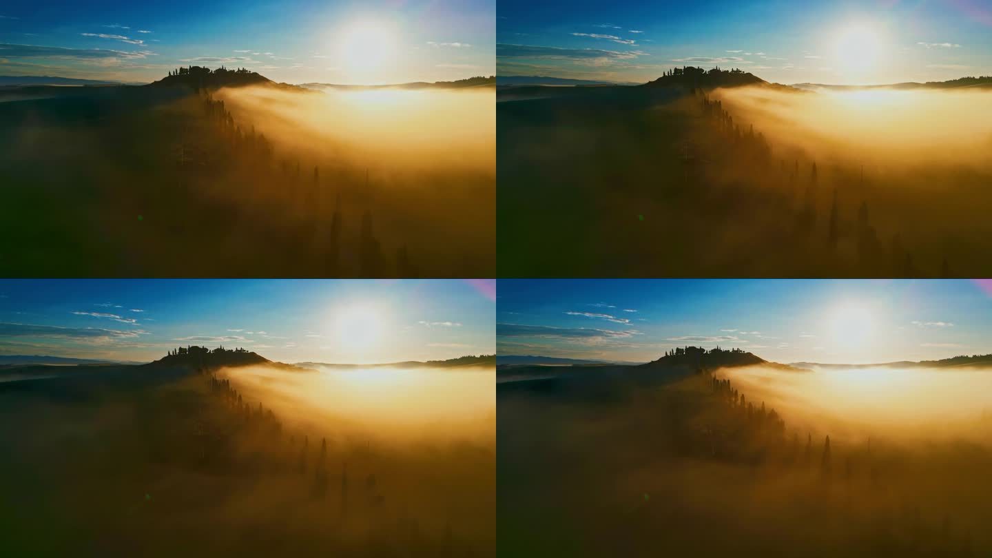 无人机的视角，美丽的，田园诗般的雾在日出的乡村