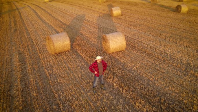 一名工人收割小麦后，在农村田地里打成圆捆。身穿格子衬衫，头戴草帽的男性