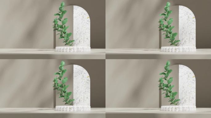 三维视频渲染空白空间的白色支柱大理石平台无缝循环阴影动画与绿叶和灰色拱门