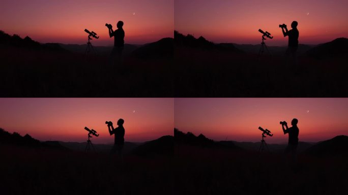 用照相机拍摄夜空的天文学家。
