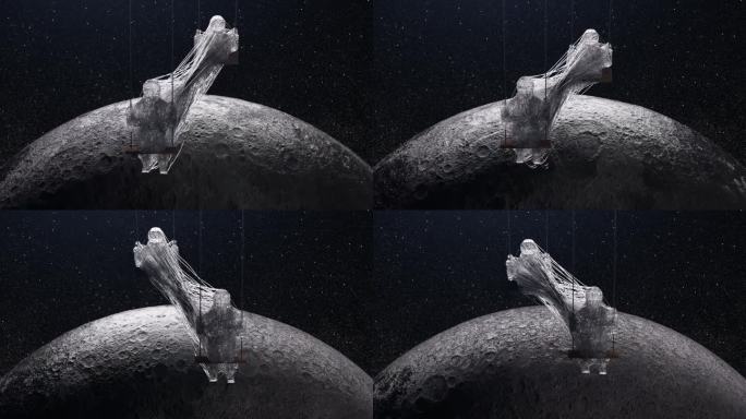 两个透明的黏糊糊的宇航员在秋千上荡秋千，背景是太空和月球。Velcro是一个粘扣带或魔术贴品牌的商标
