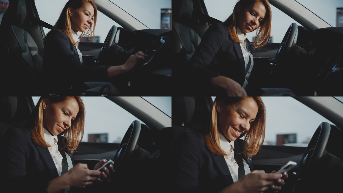 女子在停车时使用触屏仪表盘