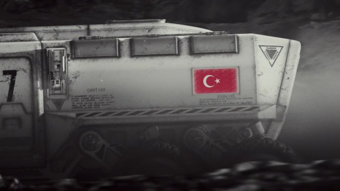 月球的太空殖民。放大带着土耳其国旗的月球车，探索月球表面