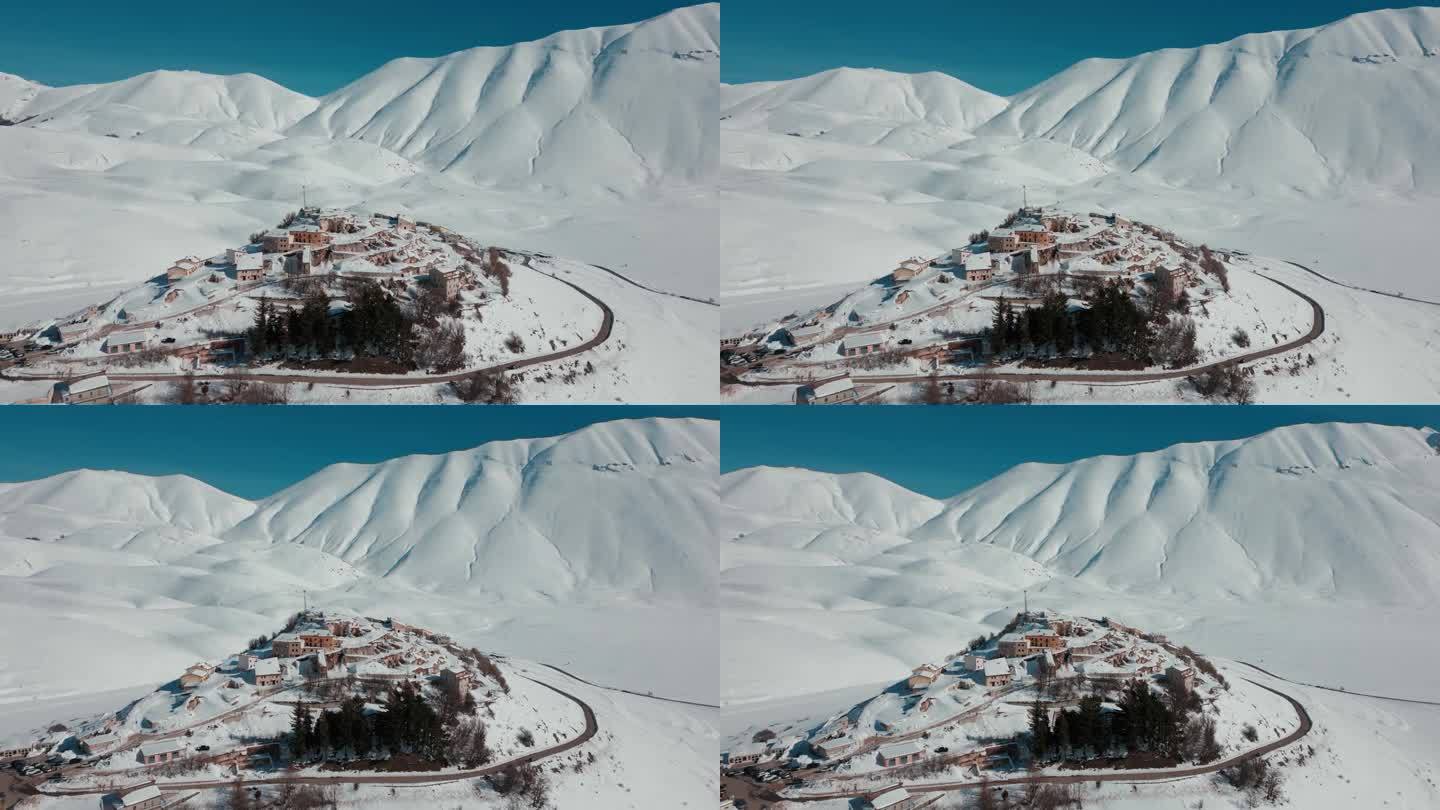 无人机拍摄的西比利尼雪山景观，位于意大利佩鲁贾的诺尔恰城堡
