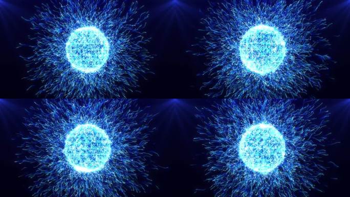 明亮的能量蓝色粒子球和不断增长的明亮光纤束。抽象的未来主义背景