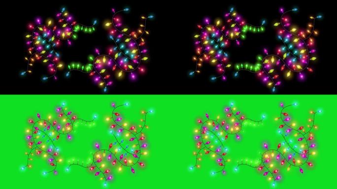 4K彩色灯泡串。循环圣诞主题框架图案。闪烁的