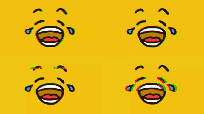 哭脸表情与故障效果在黄色背景，卡通脸表情动画，表情符号运动图形。
