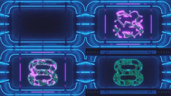 有机数字8 3D打印在霓虹灯浴-未来的科幻场景的一个符号揭示学习数字，数字和计数