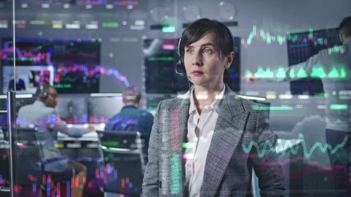 女商人看着实时股票的3D抽象AI动画
