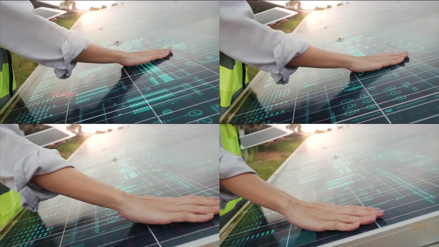 技术人员检查太阳能电池板与未来的动画效果。太阳能板上的HUD图形。