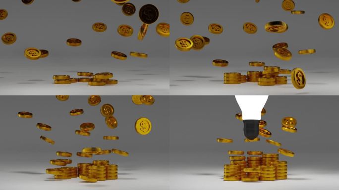 灯泡用飞舞的金币排列金币库存，得到赚钱的想法，视频4K 3D渲染。